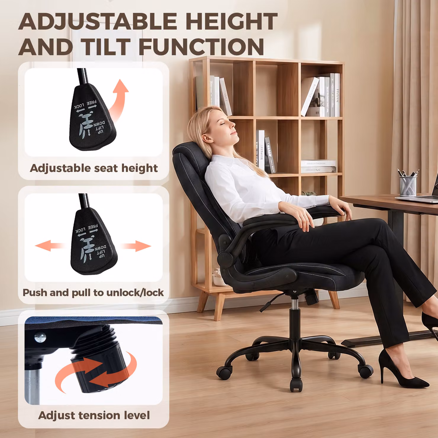 HOMCOM Black Linen-Look Executive Office Chair with Flip-Up Armrests and Thick Cushion – 5