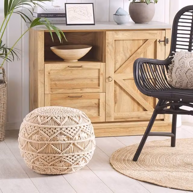 Wyld and Coco Beige Knitted Cotton Pouffe - Chunky Crochet Cylindrical Footstool W/D/H: 40 x 40 x 40 cm – 1
