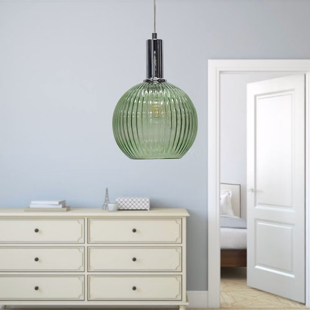 First Choice Lighting Betchley Set of 2 Green Ribbed Glass Globe Chrome Deco Pendant Lights – 3