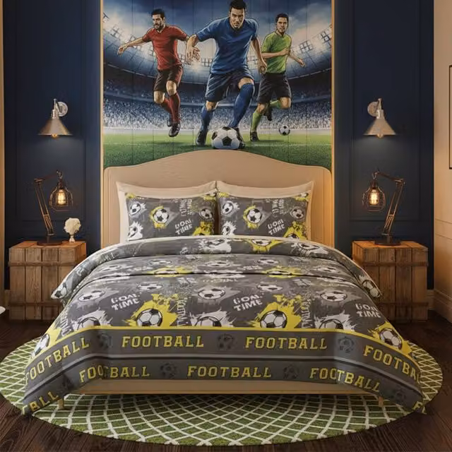 Snug City Football Kids Bedding Set with Duvet Cover and Pillowcase, Sporty Soccer Graphic Design in Grey, W: 140 cm, L: 200 cm