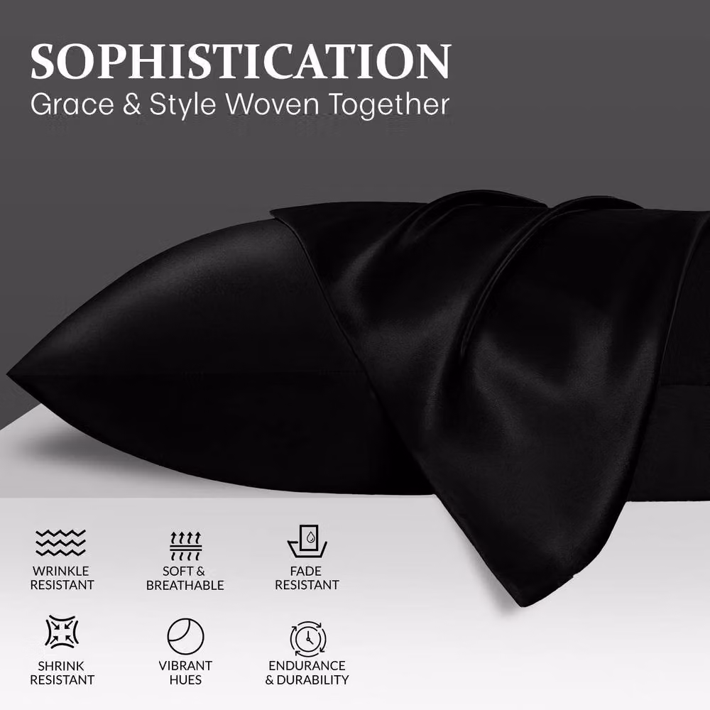 Pamposh Pack of 2 Ultra Soft Satin Silk Pillow Cases in Black, Standard Size – 4