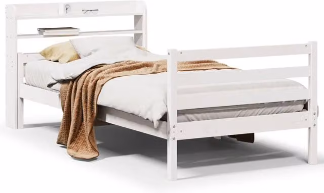 Berkfield Home White Solid Pine Bed Frame with Headboard and Side Compartments W/D/H: 100 x 200 cm