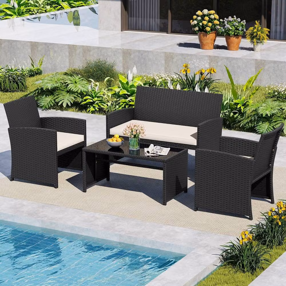 Costway 4-Piece Polyrattan Patio Conversation Set with Upholstered Cushions and Metal Frame in Multicolour – 4