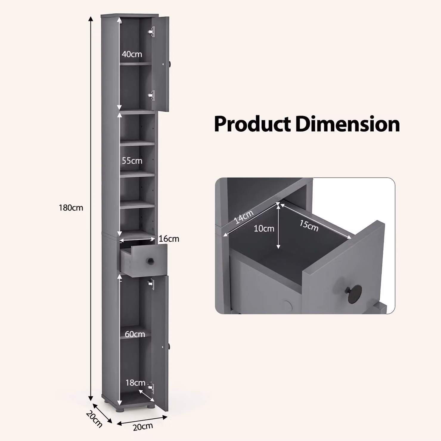 Gymax Slim Grey Tall Bathroom Cabinet with 2 Hinged Doors and Adjustable Internal Shelves – 2
