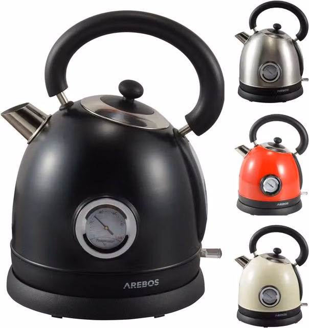 AREBOS Stainless Steel Retro Design Kettle with Limescale Filter, Black, 1.8 l