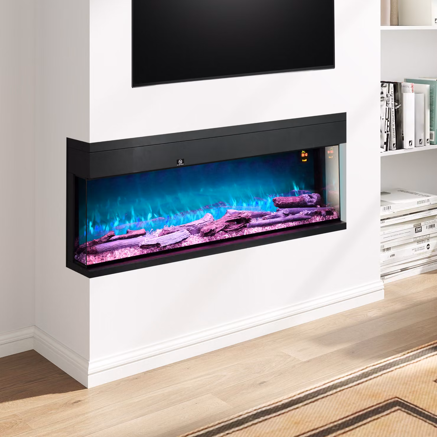HOMCOM Black Wall Mounted Electric Fire with LED Flame Effect and Glass Front, 127 cm, 1800W – 2