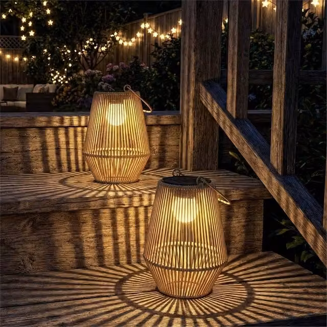 Havendro Set of 2 Brown Rattan and Metal Solar Hanging Garden Lanterns with Warm White Light – 1