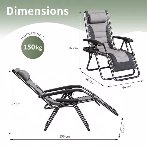 MCC Direct Set of 2 Zero Gravity Reclining Sun Lounger Garden Chairs in Grey and Black – 3