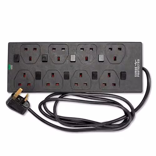 Status 8 Way Surge Protected Extension Lead with Individual Switches and Neon Indicators, Black, 2m – 2