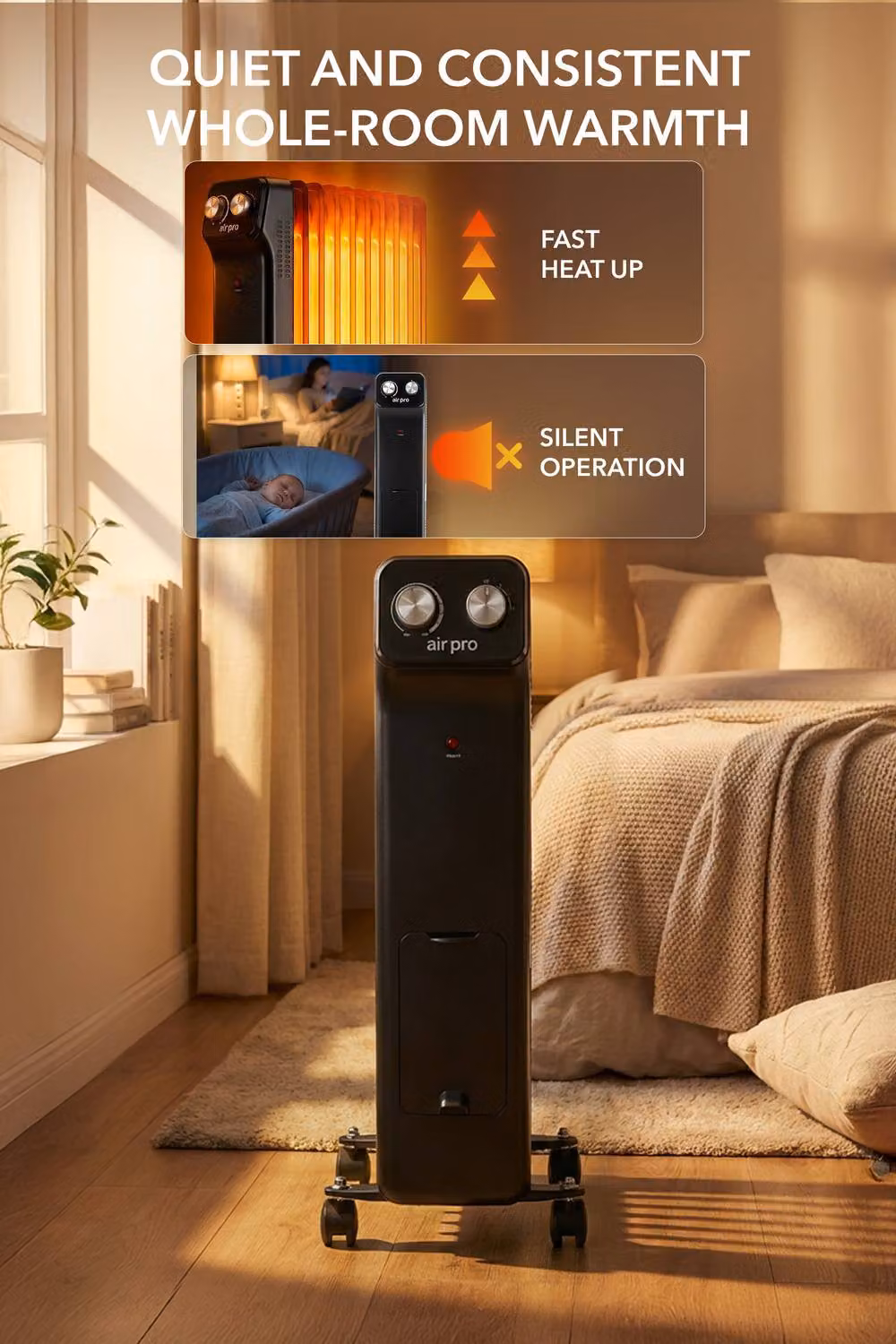 Air Pro 2500W Oil-Filled Electric Radiator in Black with Adjustable Thermostat and Overheat Protection – 3