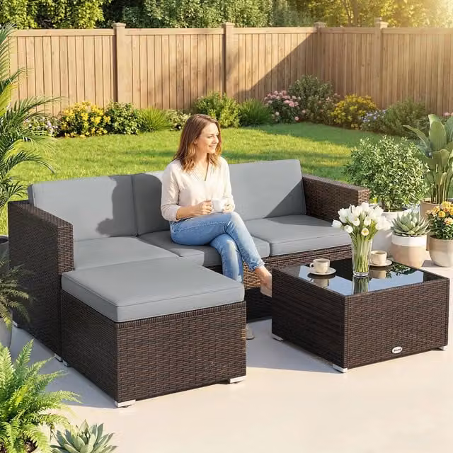 Outsunny Brown Wicker Corner Sofa Garden Furniture Set with Cushions