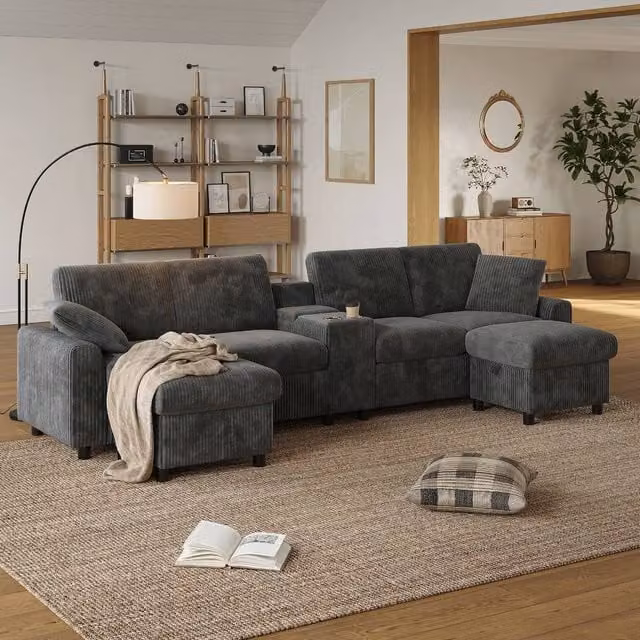 Rolipo Grey Corduroy U-Shaped Sectional Sofa with Matching Storage Ottoman, USB Charging and Cup Holders – 1