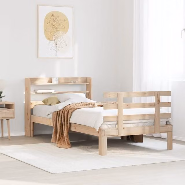 Berkfield Home Single Bed Frame with Headboard and Side Compartments in Brown Solid Pine Wood, W/D/H: 90 x 190 x 82 cm