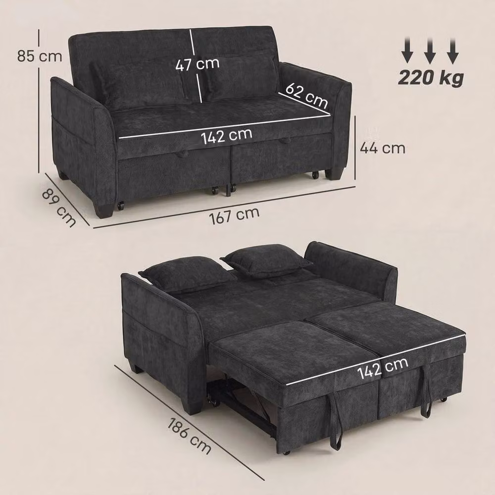 FORGEVIO 2 Seater Convertible Pull Out Sofa Bed in Black, W/D/H: 140 x 200 cm – 3