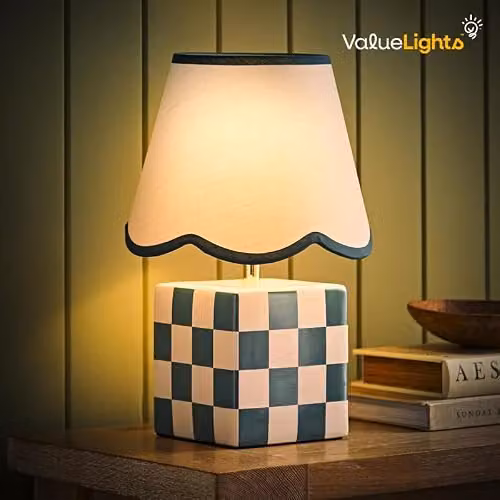 ValueLights Forest Green Cube Checkered Ceramic Table Lamp with Scallop Tapered Fabric Lampshade and LED Bulb Included – 2