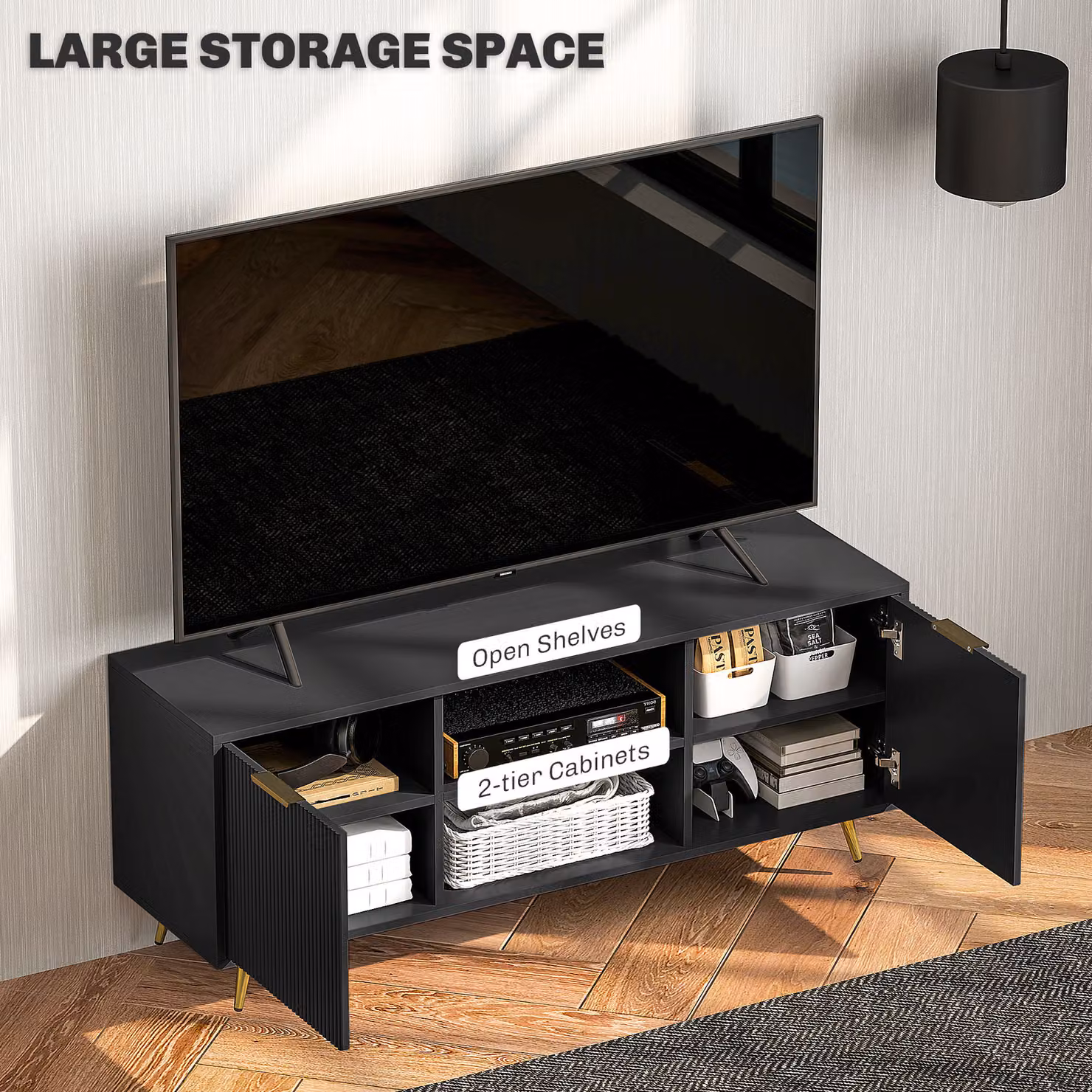 HOMCOM Modern Black TV Stand Cabinet for TVs up to 55 inch with 2 Open Shelves, 2 Cabinets and Cable Management – 5