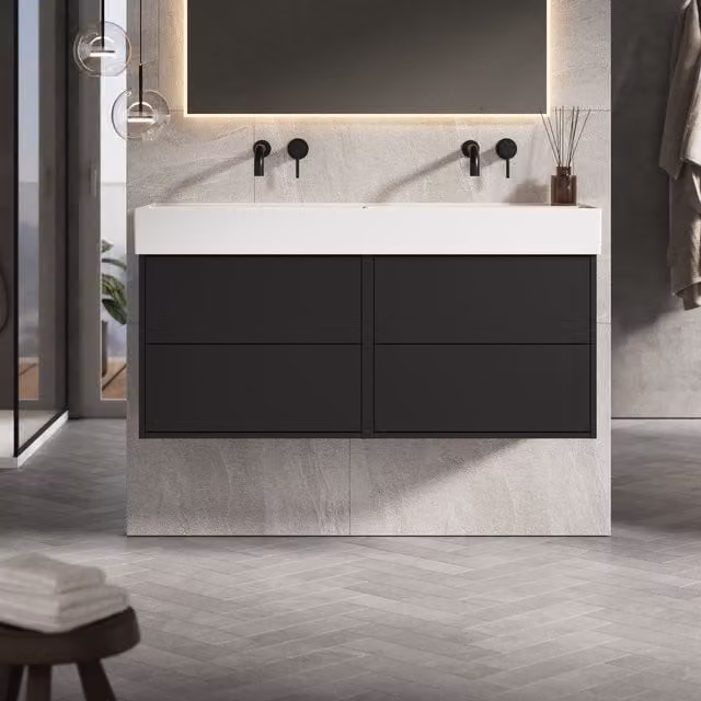 Banyetti Venti 1200mm Wall Hung Vanity with Veneto No Tap Hole Basin, Matt Black, W/D/H: 120 x 45 x 48 cm – 1