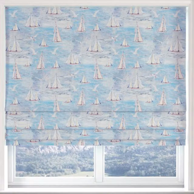 ANTE DECOR Sail Away Made to Measure Nautical Blackout Roman Blind in Blue Ocean