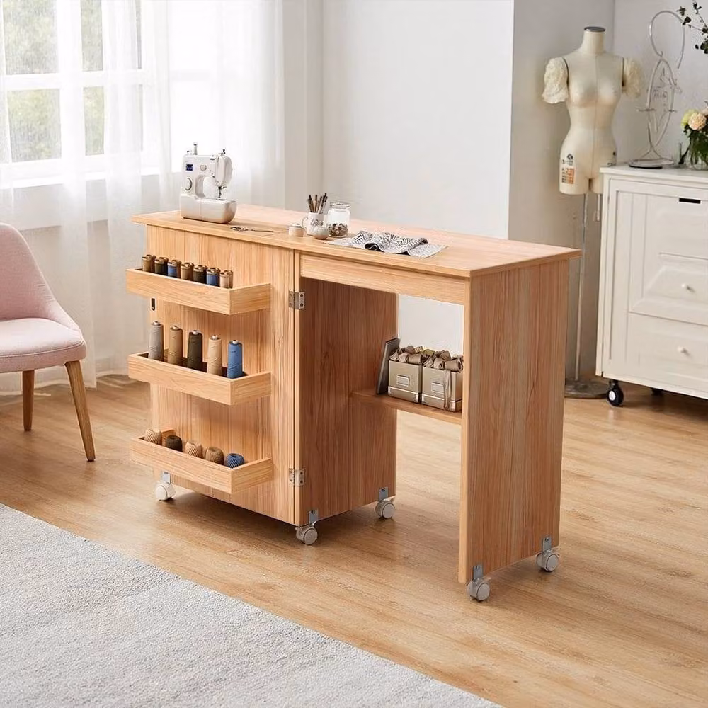 KORVIXA Walnut Folding Sewing Table and Multipurpose Craft Station Cabinet Desk in Light Oak, Brown, W/D/H: 100 x 100 x 100 cm – 4