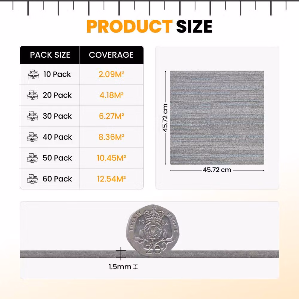Novecrafto Self-Adhesive Vinyl Floor Tiles with Carpet Effect, Grey, Pack of 10, 45 x 45 cm – 3