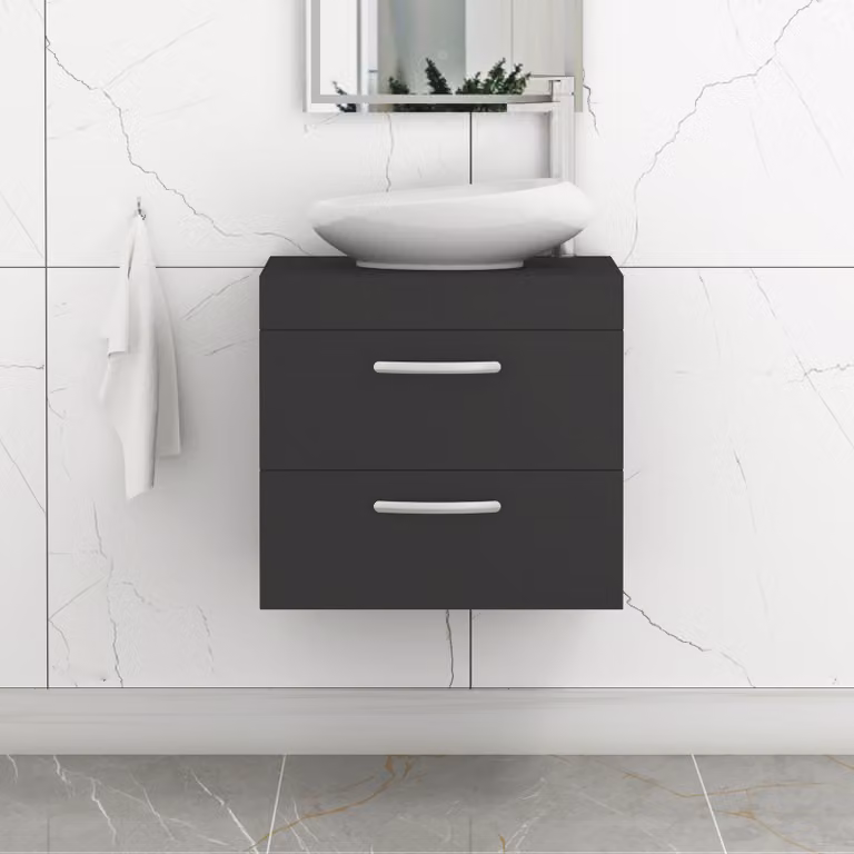Royal Bathrooms Turin 600mm Wall Hung Vanity Unit with 2 Drawers and Nova Countertop Basin in Matt Black with Brushed Brass Handle