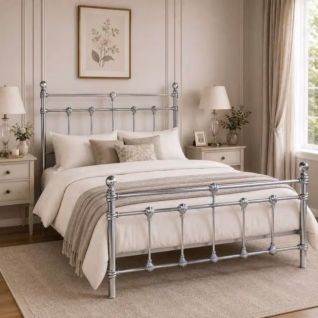 SquareBoxx Isabella Double Metal Bed Frame in Silver with Victorian Style and Storage, W/D/H: 140 x 200 cm