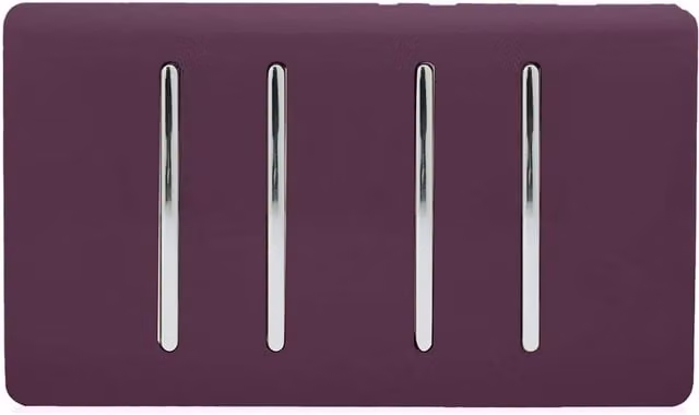 Trendi 4 Gang 10 Amp Rocker Light Switch, 2 Way & 1x Intermediate, Plum Purple and Chrome – 1