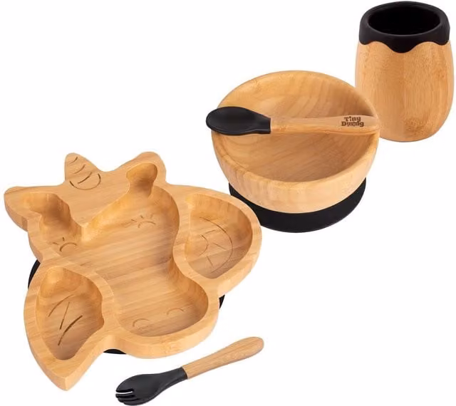Tiny Dining 5-Piece Bamboo and Silicone Unicorn Baby Weaning Set in Black