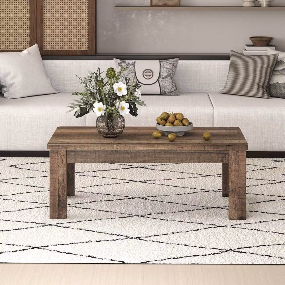 Costway Brown Rustic Farmhouse Rectangular Coffee Table W: 120 cm, D: 60 cm, H: 45 cm – 2