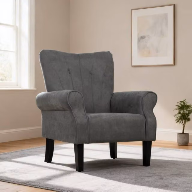 ERGOVEXA Grey Fabric Upholstered Accent Chair with Rolled Arms and Wood Legs, W/D/H: 73 x 80 x 94 cm