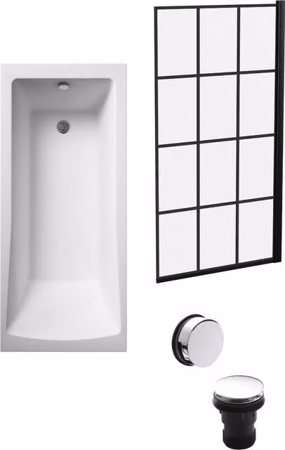Balterley Square Bath Set in White with Black Square Screen, Leg Set and Chrome Waste, W/D/H: 170 x 70 x 70 cm