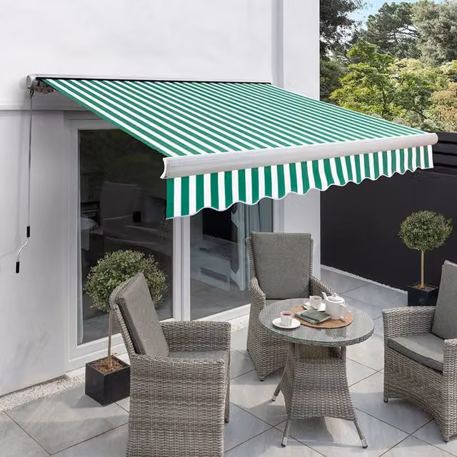 Primrose Full Cassette Electric Motorised Awning with Green and White Striped Canopy, W: 600 cm, D: 300 cm