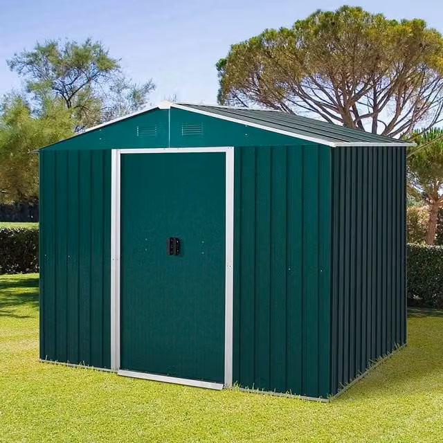 Outsunny Green Metal Outdoor Garden Storage Shed with Pent Roof and Sliding Doors