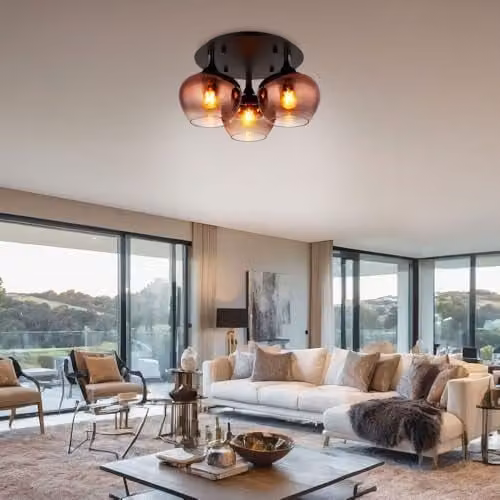 Globo Lighting Round Smoked Glass Ceiling Light in Black and Copper, Diameter: 45 cm, Height: 25.5 cm, 3x E27 – 4
