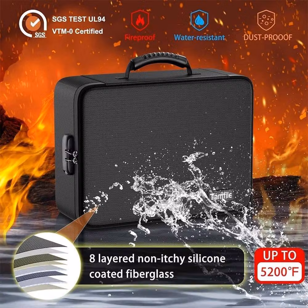 FLAVORA Fireproof Document Box with 13 Pockets Accordion Folder, Black, W: 50.0 cm x D: 50.0 cm x H: 1.0 cm – 6