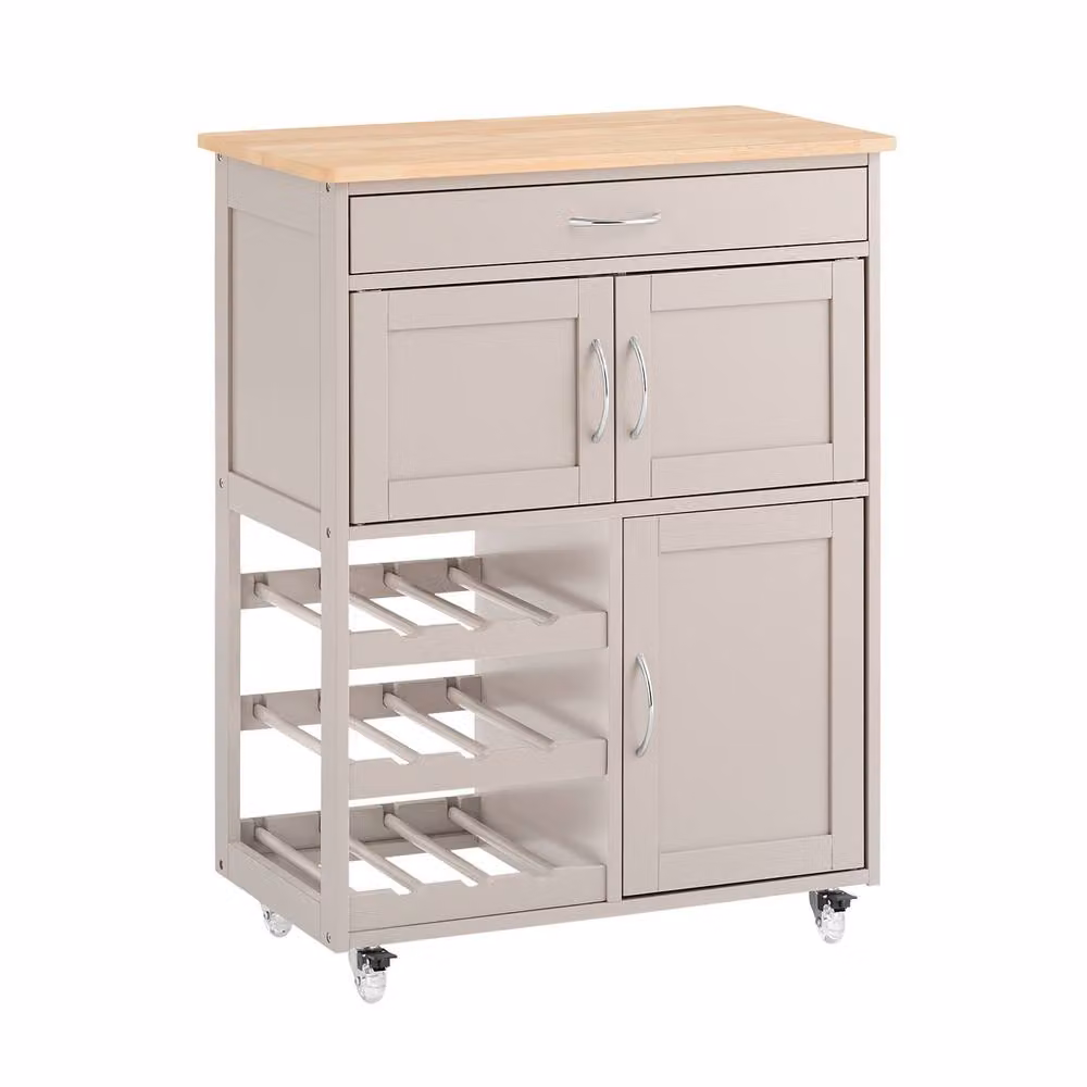 SoBuy Mobile Kitchen Trolley with Solid Wood Top and Hinged Doors in Light Grey – 2