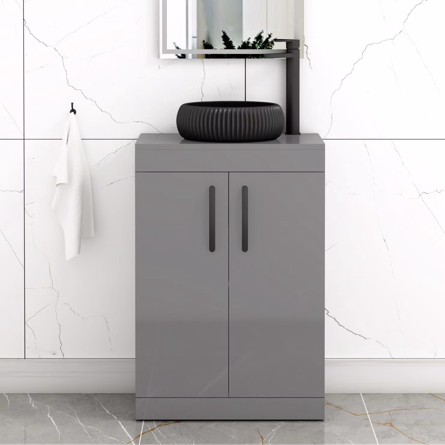 Royal Bathrooms Turin 600mm Floor Standing 2 Door Vanity Unit in Indigo Grey Gloss with Milan Black Countertop Basin