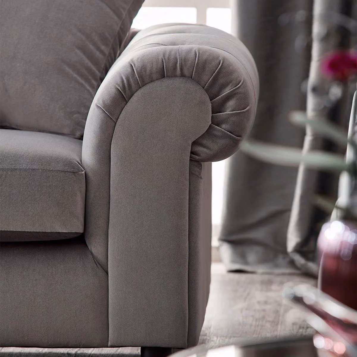 Furnishings For Less UK Derby 3 Seater Grey Fabric Velvet Sofa with Scatter Cushions and Scroll Arms – 3