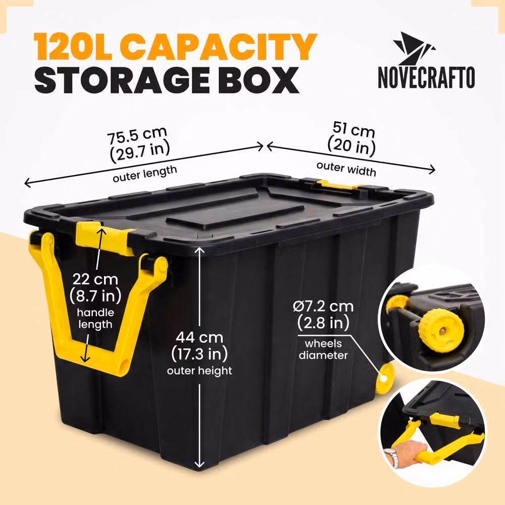 Novecrafto 10-Piece Set of 120L Large Plastic Storage Boxes with Lids, Wheels and Pull Handles in Black – 2