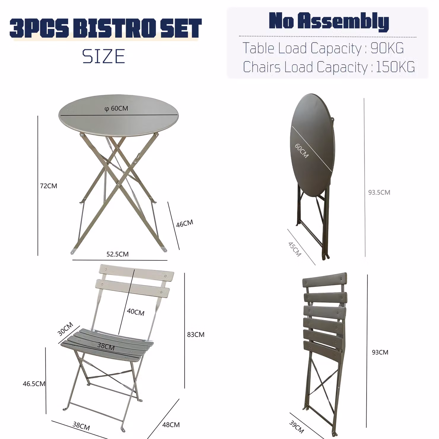 FURNITURE ONE Metal Bistro Set in Grey, Folding 2-Seater Patio Furniture Set for Garden, Balcony or Terrace – 4