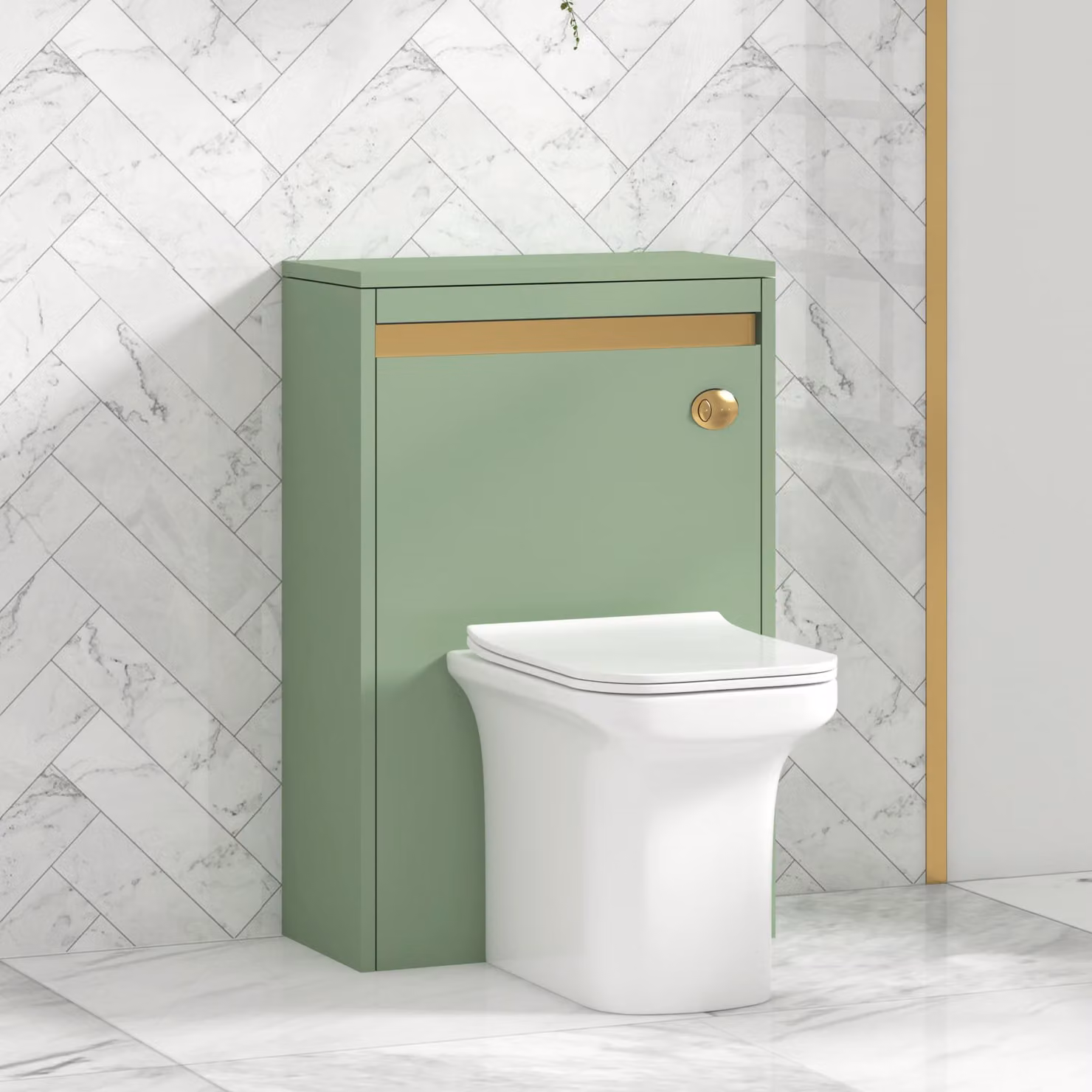 Royal Bathrooms Orion Mint Sage Wall Mounted WC Unit with Crosby Rimless Toilet Pan, Seat and Cistern, Brushed Brass Trim, Width: 54 cm