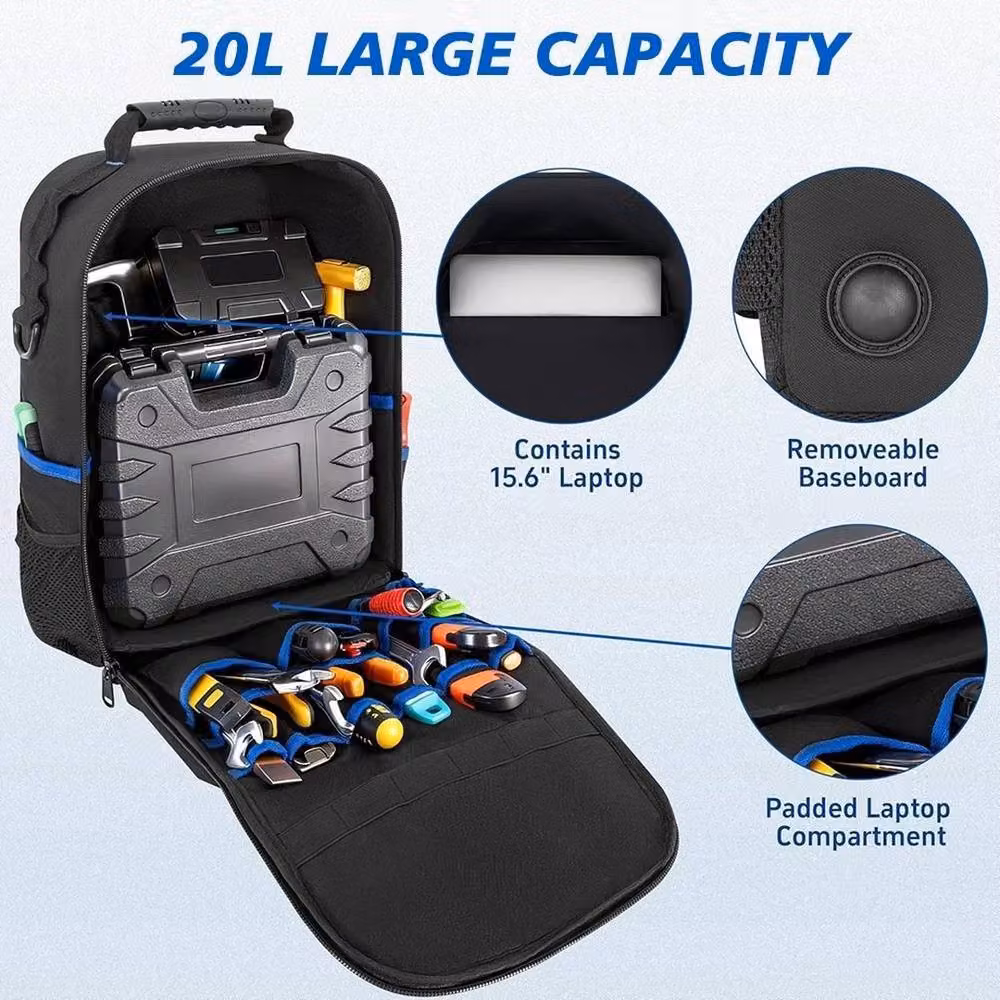 NESTLUNE Heavy Duty Professional Electrician Tool Backpack, Black, W/D/H: 100 x 40 x 20.3 cm – 3