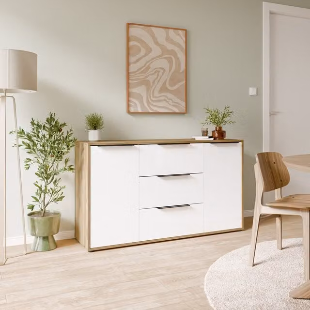 Furniture To Go Orkney 3 Drawer Sideboard with 2 Doors in Mauvella Oak and White Gloss