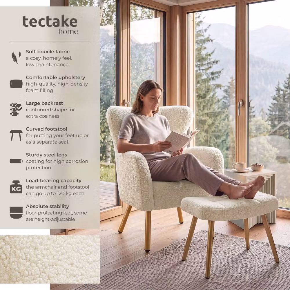 tectake Vänersborg Armchair with Ottoman in Cream Bouclé and Gold – 2