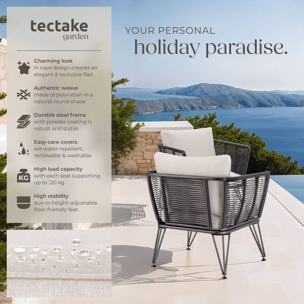 tectake Sundo Garden Chair Set for 4 People in Grey and Black with Rattan and Steel Frame – 2