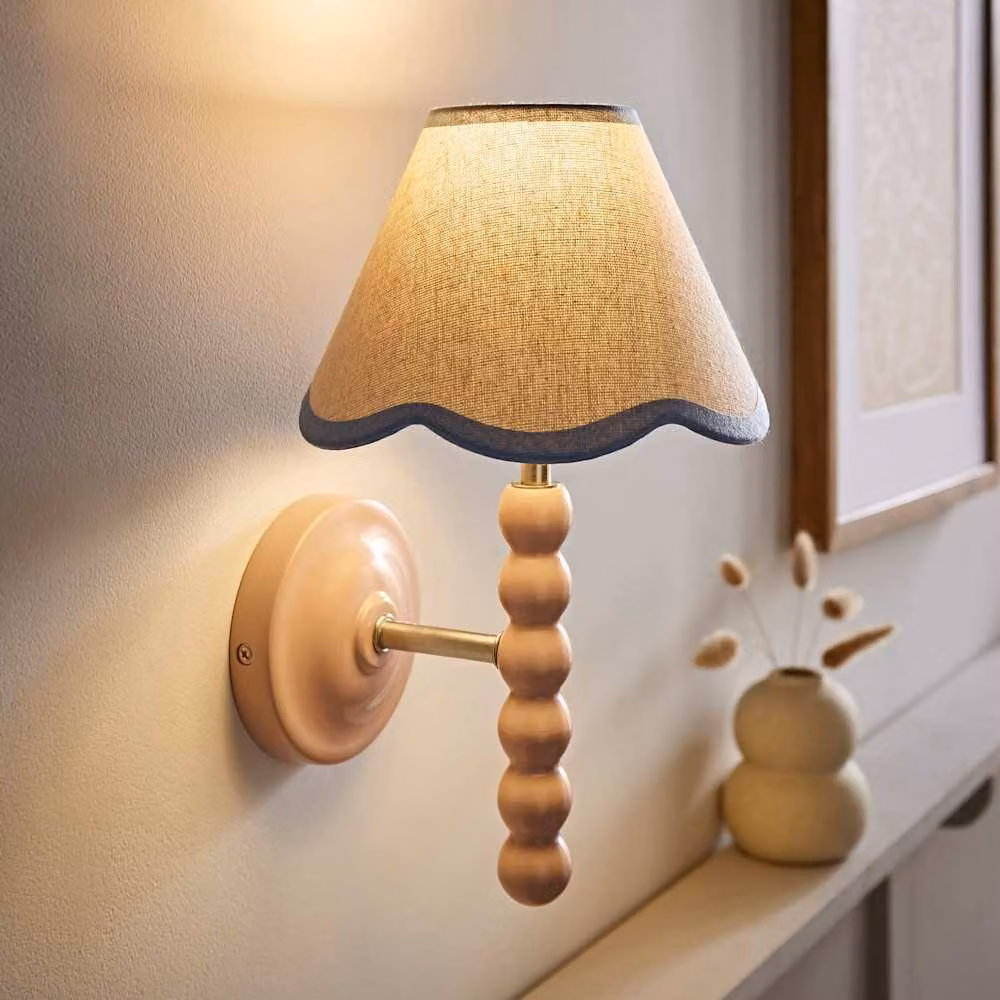 ValueLights Bobbins Pair of Pink Wood Wall Lights with Blue Fabric Scallop Shades – 2