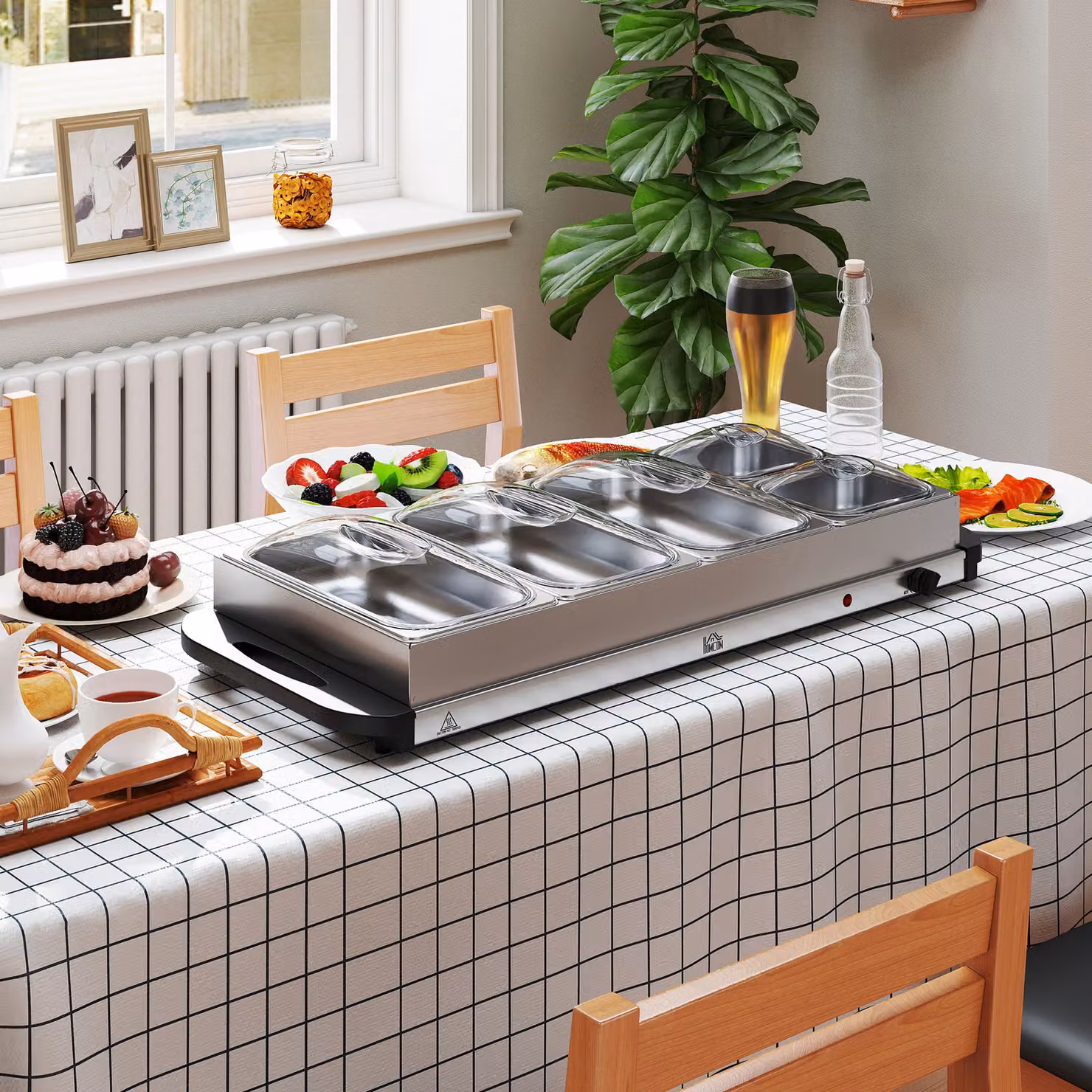 HOMCOM Electric Food Warmer with 5 Trays, 9.2L Portable Buffet Server and Warming Tray in Silver Tone – 6