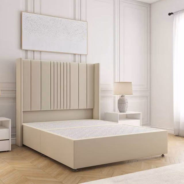 BSSPOKE Charlotte Single Divan Bed with 54 inch Plush Velvet Headboard in Cream