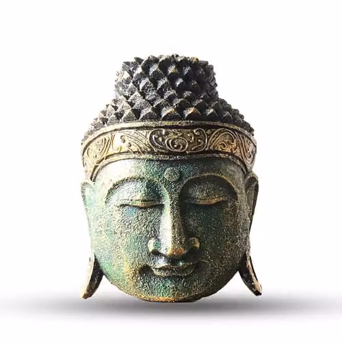 Serenityy Ancient Wisdom Handcrafted Wooden Buddha Head Decoration in Green, Height: 25 cm, Width: 24 cm