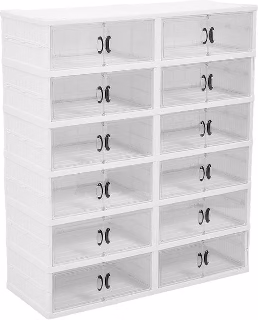 Livingandhome Multi-Tier Foldable Storage Box with Magnetic Doors, White and Transparent, Width: 91 cm